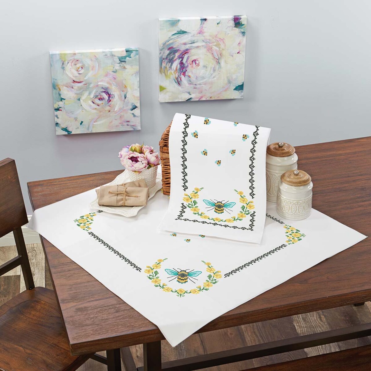 Herrschners Honey Bee Table Topper & Runner Stamped Cross-Stitch